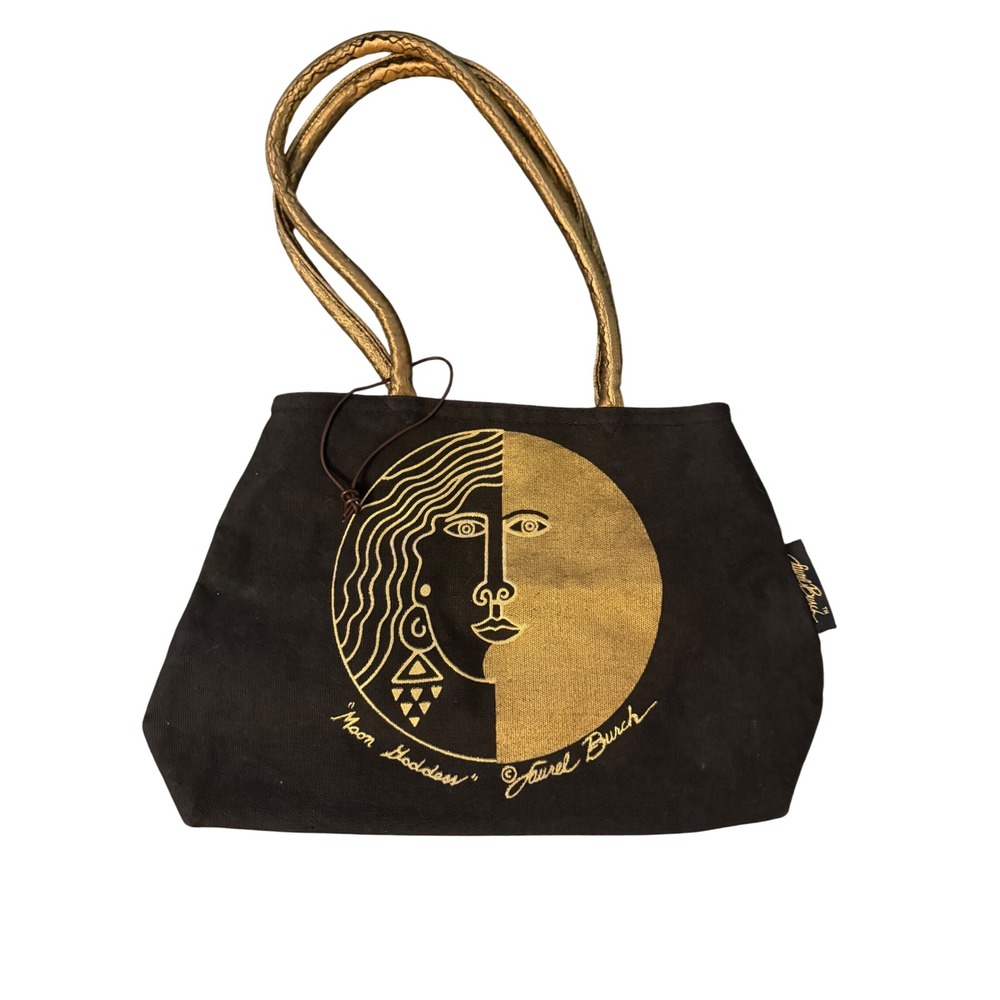 Laurel Burch Moon Goddess Canvas Tote Bag Black Gold Metallic Sequin Art Deco